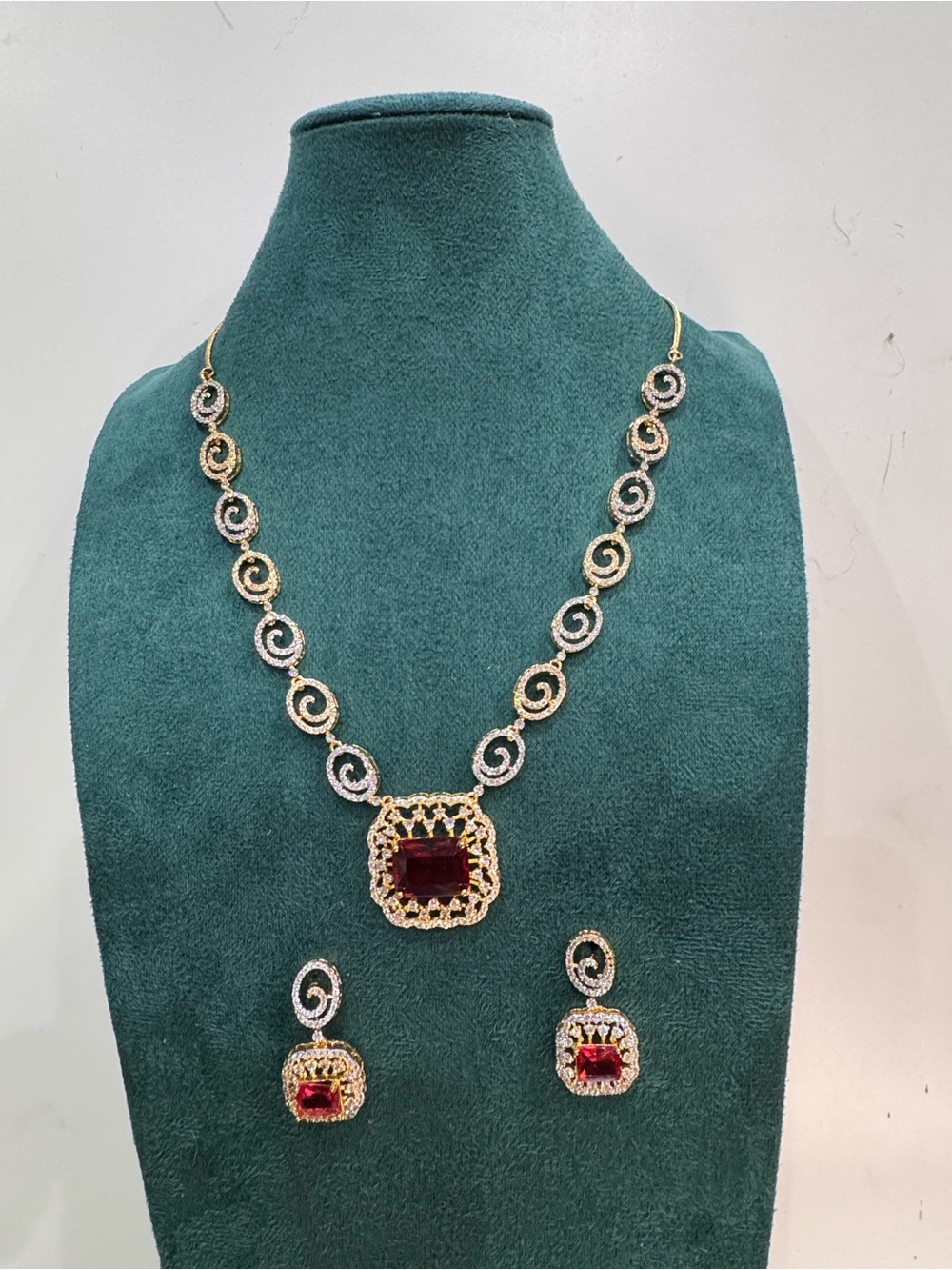 Fashion Jewelry Gold-Tone Necklace and Earring Set with Deep Red Stones